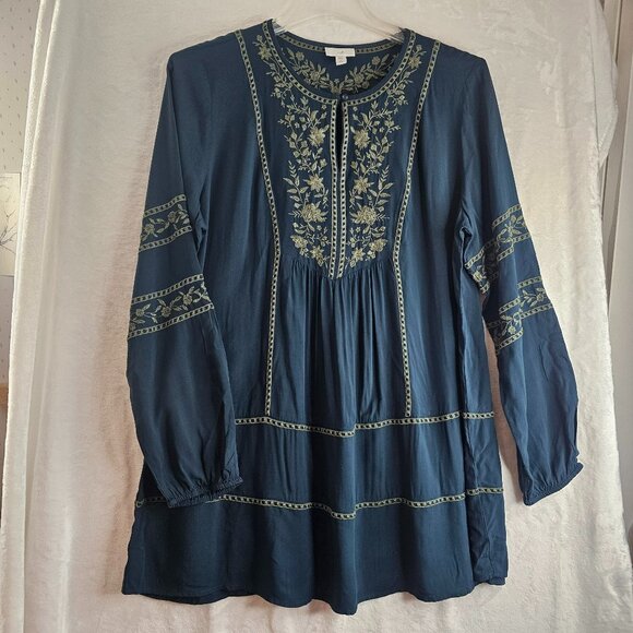 J. Jill Women Blue Tunic Top Floral Embroidery Boho Peasant Tall L Blouse - Picture 1 of 13